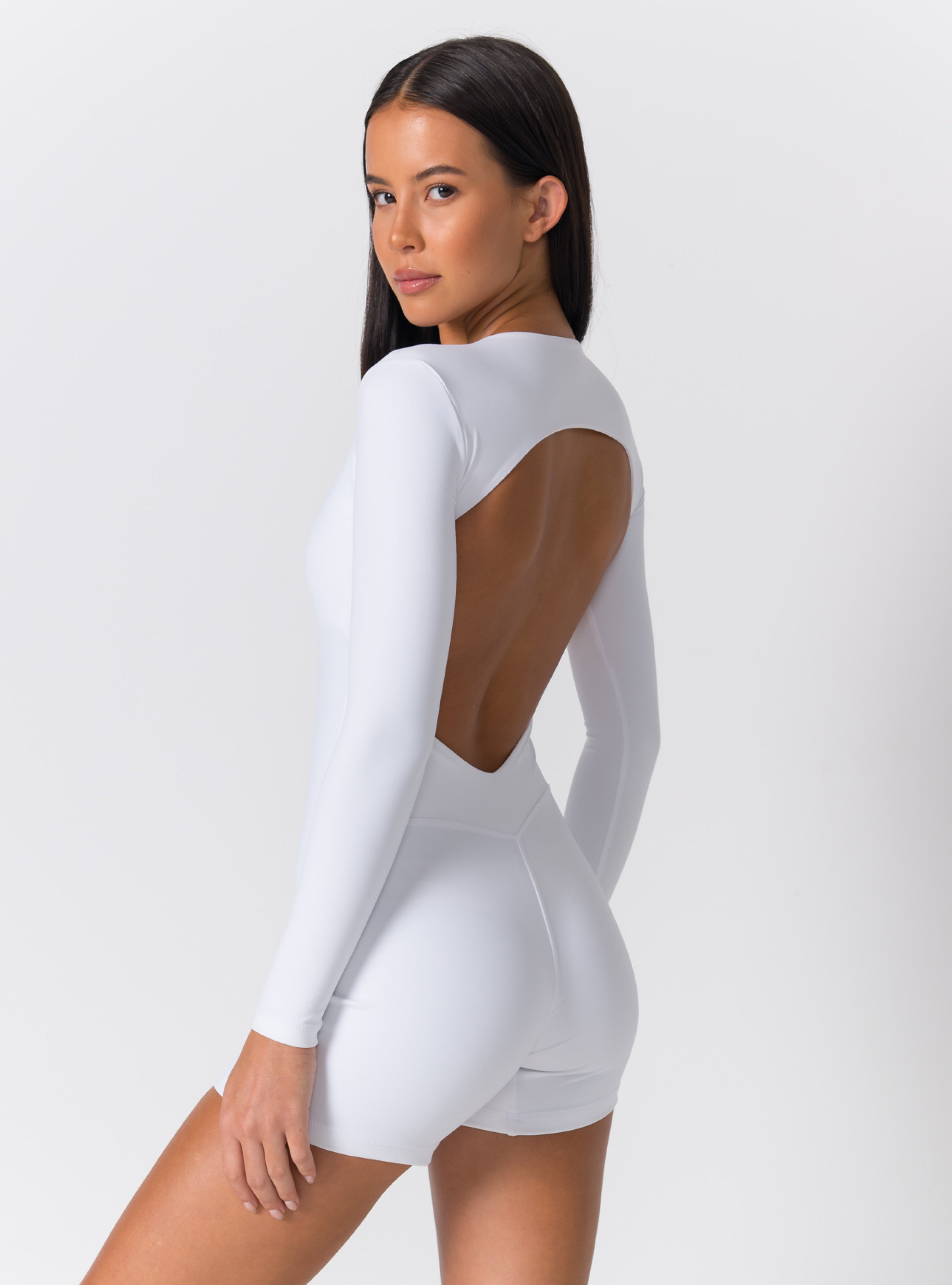 Crew Neck Long-Sleeve Open-Back Biker Romper