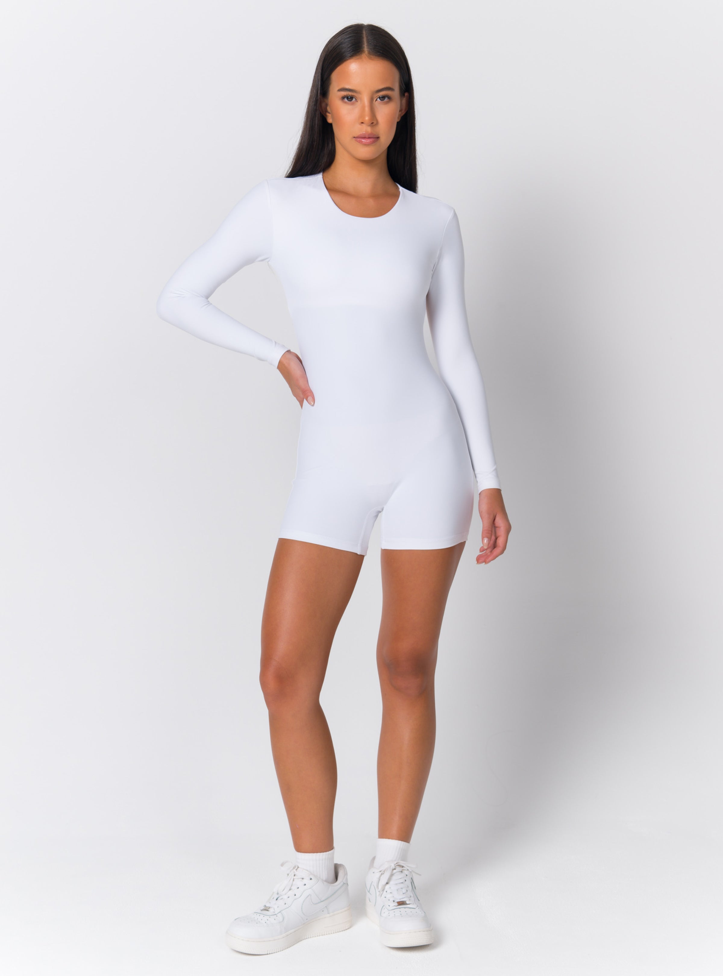 Crew Neck Long-Sleeve Open-Back Biker Romper