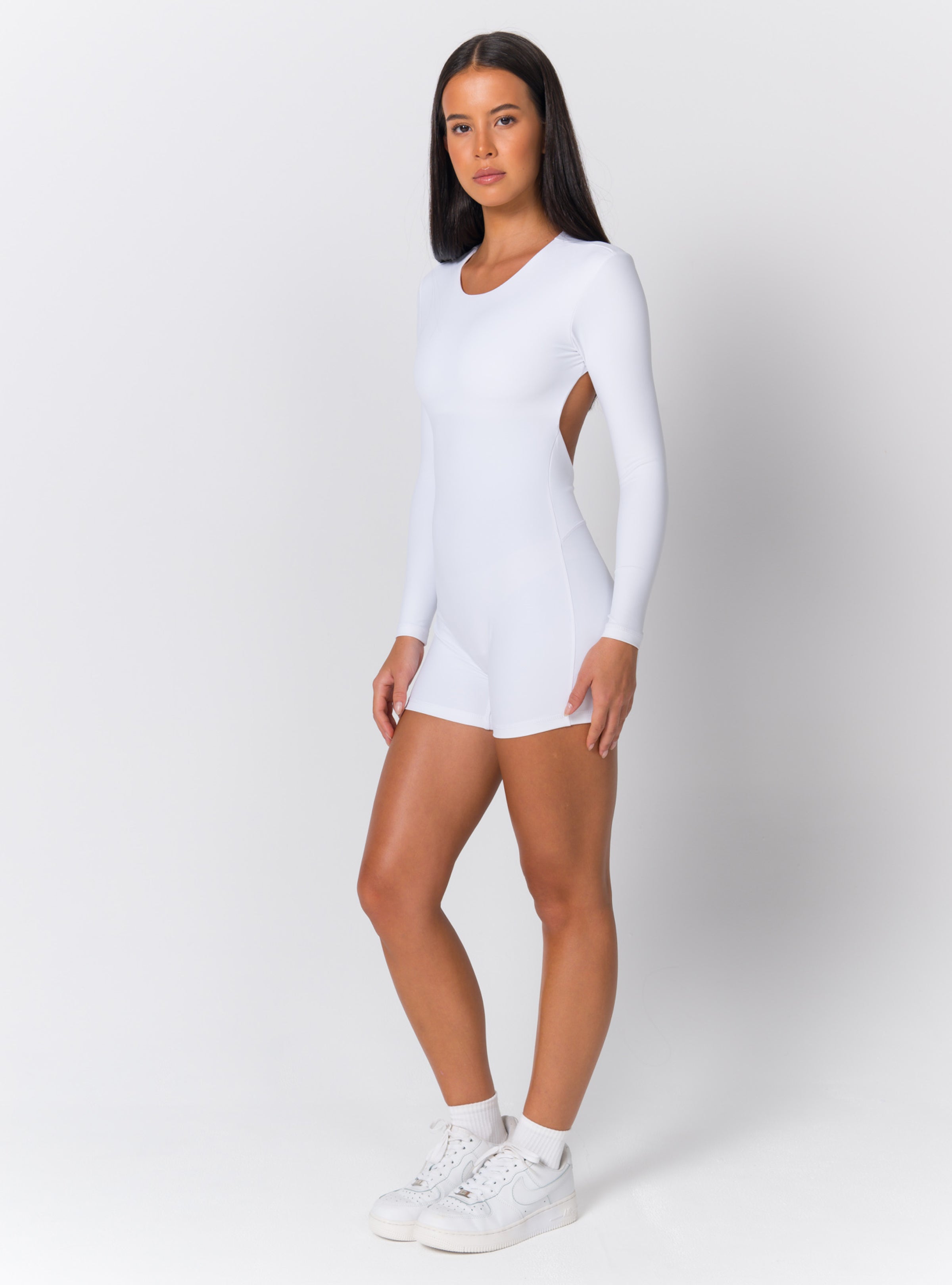Crew Neck Long-Sleeve Open-Back Biker Romper