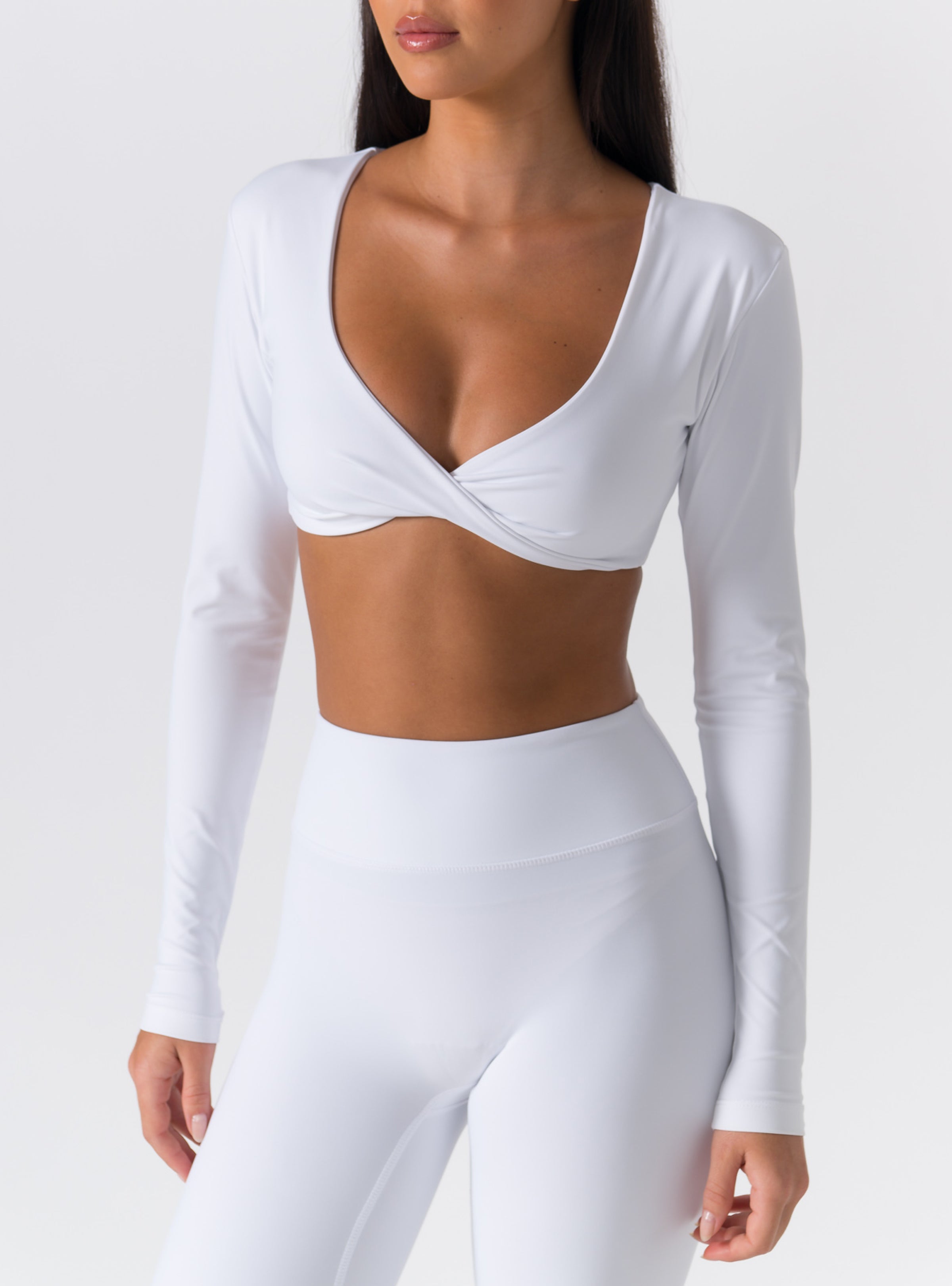 Deep V-Neck Twist-Front Long-Sleeve Crop Top