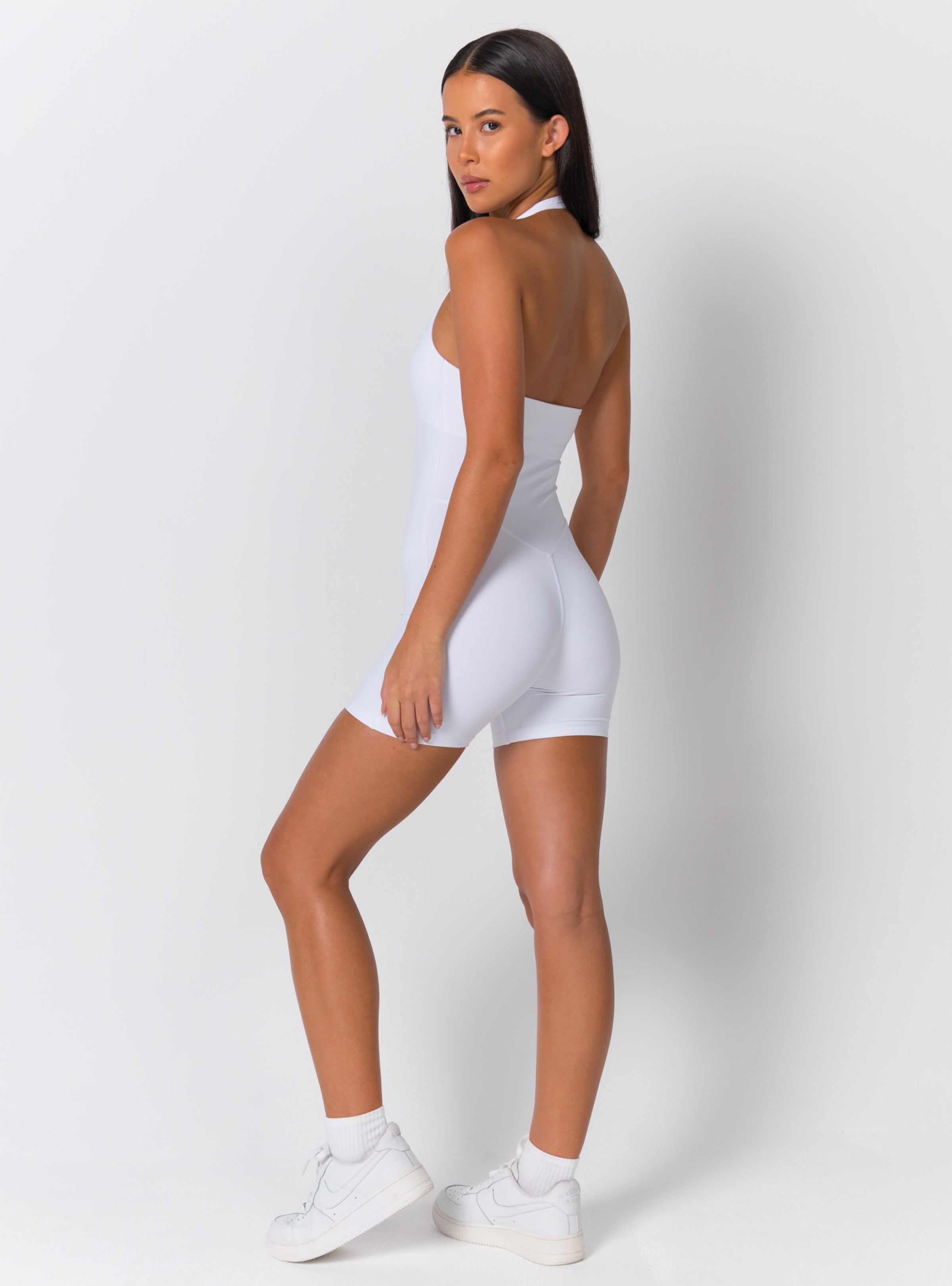 Halter Scoop-Neck Open-Back Biker Romper