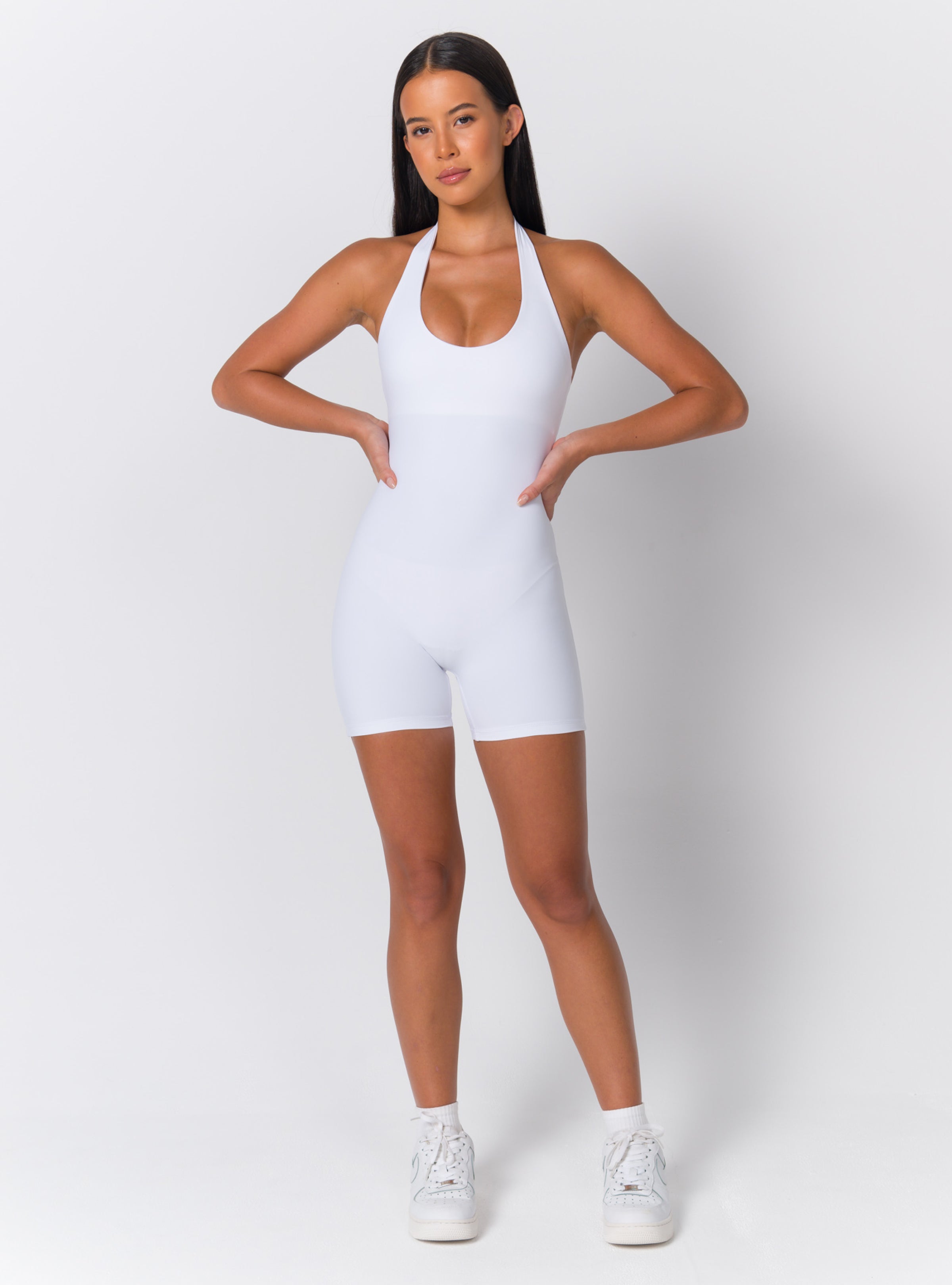 Halter Scoop-Neck Open-Back Biker Romper