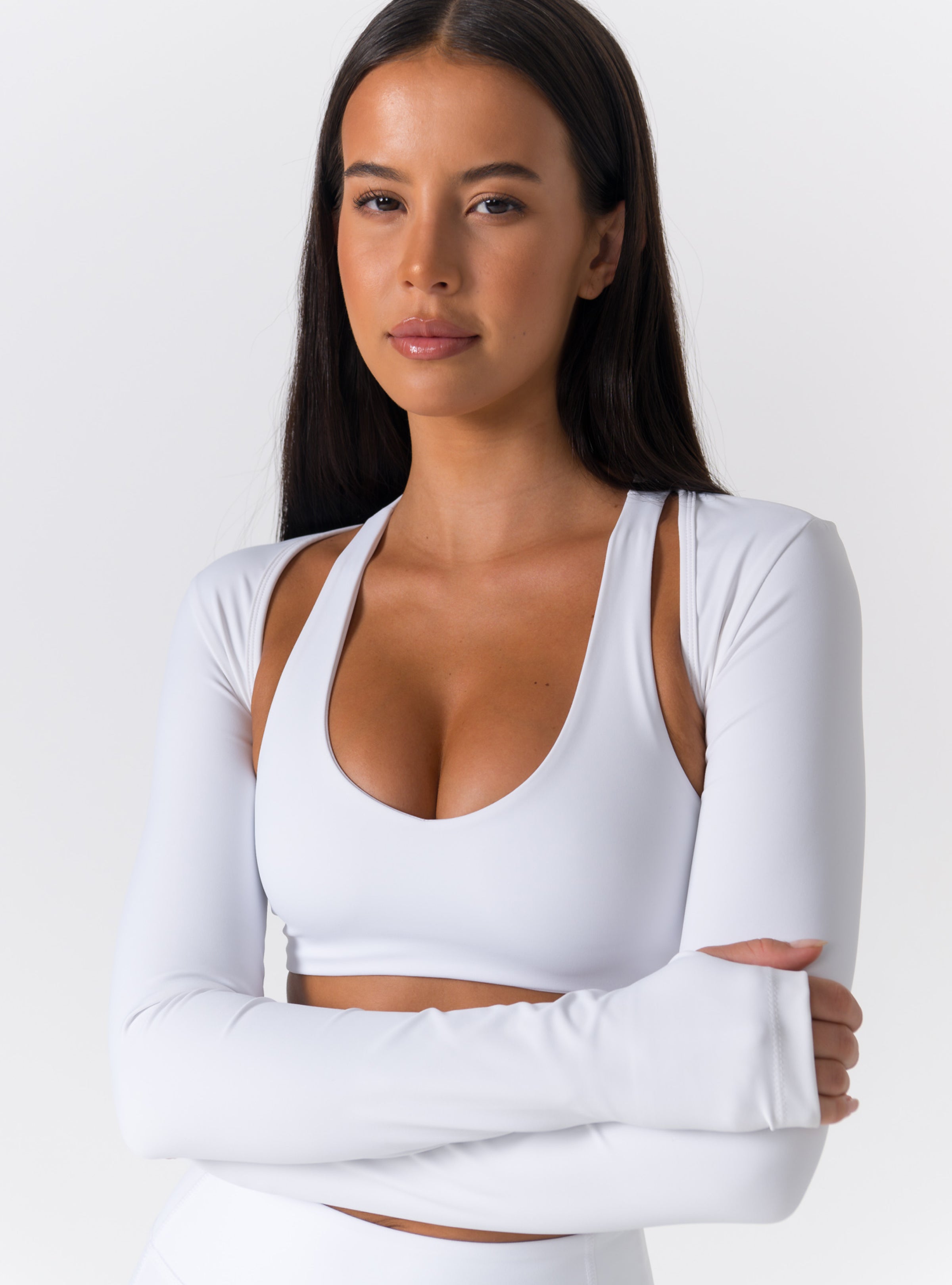 Scoop Neck Cut-Out Back Long-Sleeve Crop Top